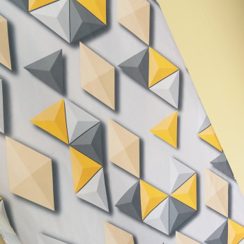 Firany geometryczne 3D, szare i żółte, nowoczesny design.