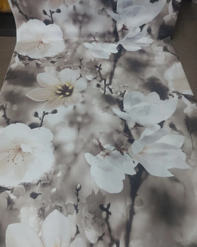 Tkanina zasłonowa szara białe kwiaty magnolii 150 cm